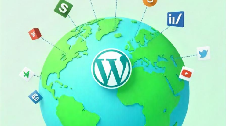 Flat design illustration of a green and blue globe with miniature, geometric website icons floating around it, linked by dotted lines. The @WordPress logo is placed at the globe's equator, symbolizing its central role in web development.