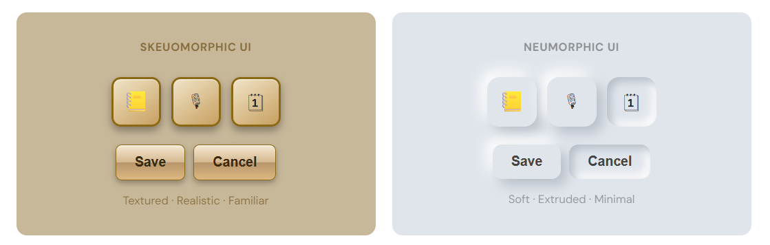 A side-by-side comparison infographic showing Skeuomorphic UI on the left and Neumorphic UI on the right. The left side displays a tan leather background with realistic, highly detailed icons of a notebook, a key, and a calendar alongside textured leather buttons labeled Save and Cancel. The right side displays a monochromatic off-white surface where the same icons and buttons are formed through soft shadows and light extrusions that blend seamlessly into the background. The text below the panels highlights qualities like textured and realistic for the left, and soft and minimal for the right.