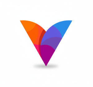 Colorful abstract V-shaped logo with orange, red, purple, and blue segments.